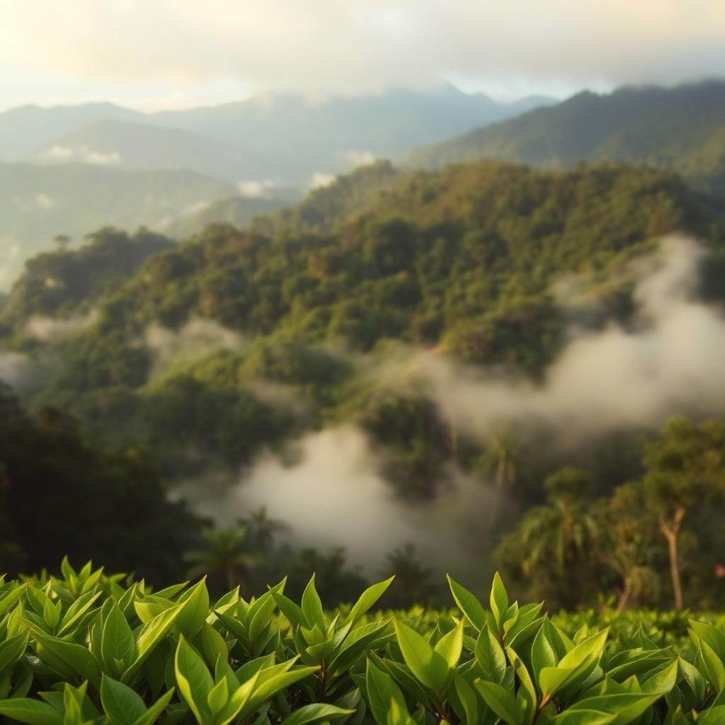 Misty Costa Rican mountains with tea leaves